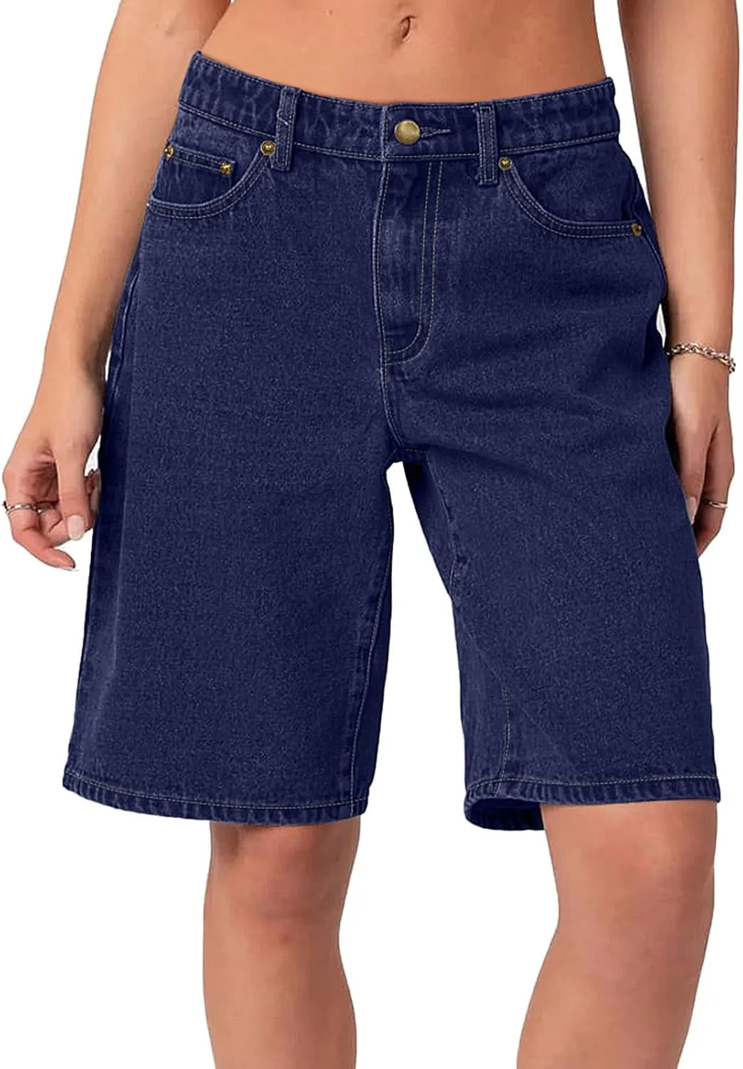 NIMIN Bermuda Shorts for Women Mid Waisted Y2K Summer Casual Jeans Shorts Loose Fit Jorts Knee Length Denim Shorts