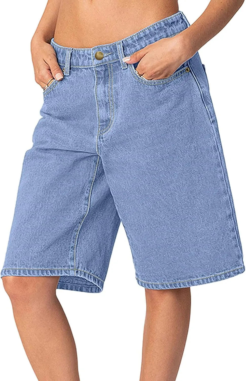 NIMIN Bermuda Shorts for Women Mid Waisted Y2K Summer Casual Jeans Shorts Loose Fit Jorts Knee Length Denim Shorts