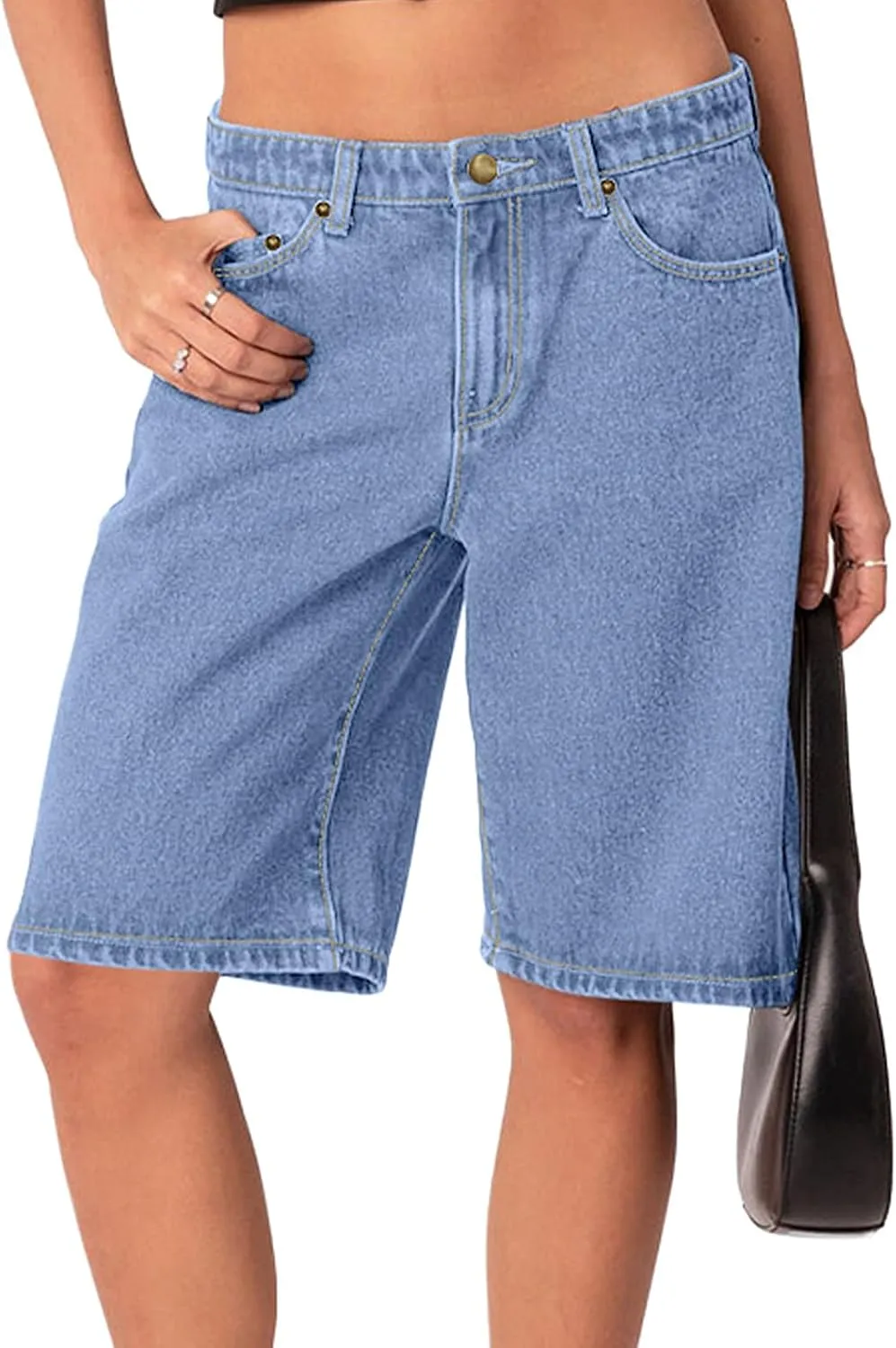 NIMIN Bermuda Shorts for Women Mid Waisted Y2K Summer Casual Jeans Shorts Loose Fit Jorts Knee Length Denim Shorts