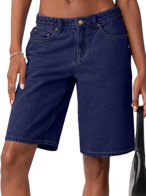 NIMIN Bermuda Shorts for Women Mid Waisted Y2K Summer Casual Jeans Shorts Loose Fit Jorts Knee Length Denim Shorts