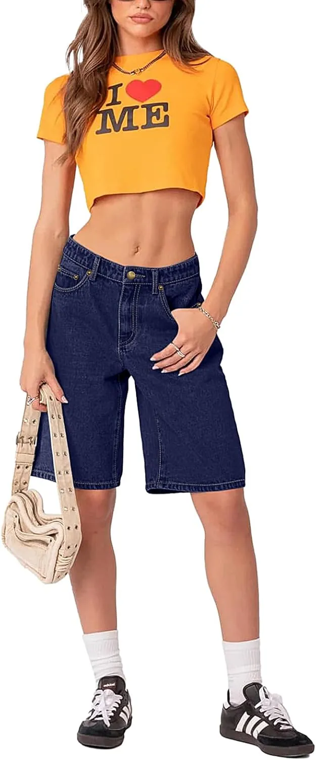 NIMIN Bermuda Shorts for Women Mid Waisted Y2K Summer Casual Jeans Shorts Loose Fit Jorts Knee Length Denim Shorts