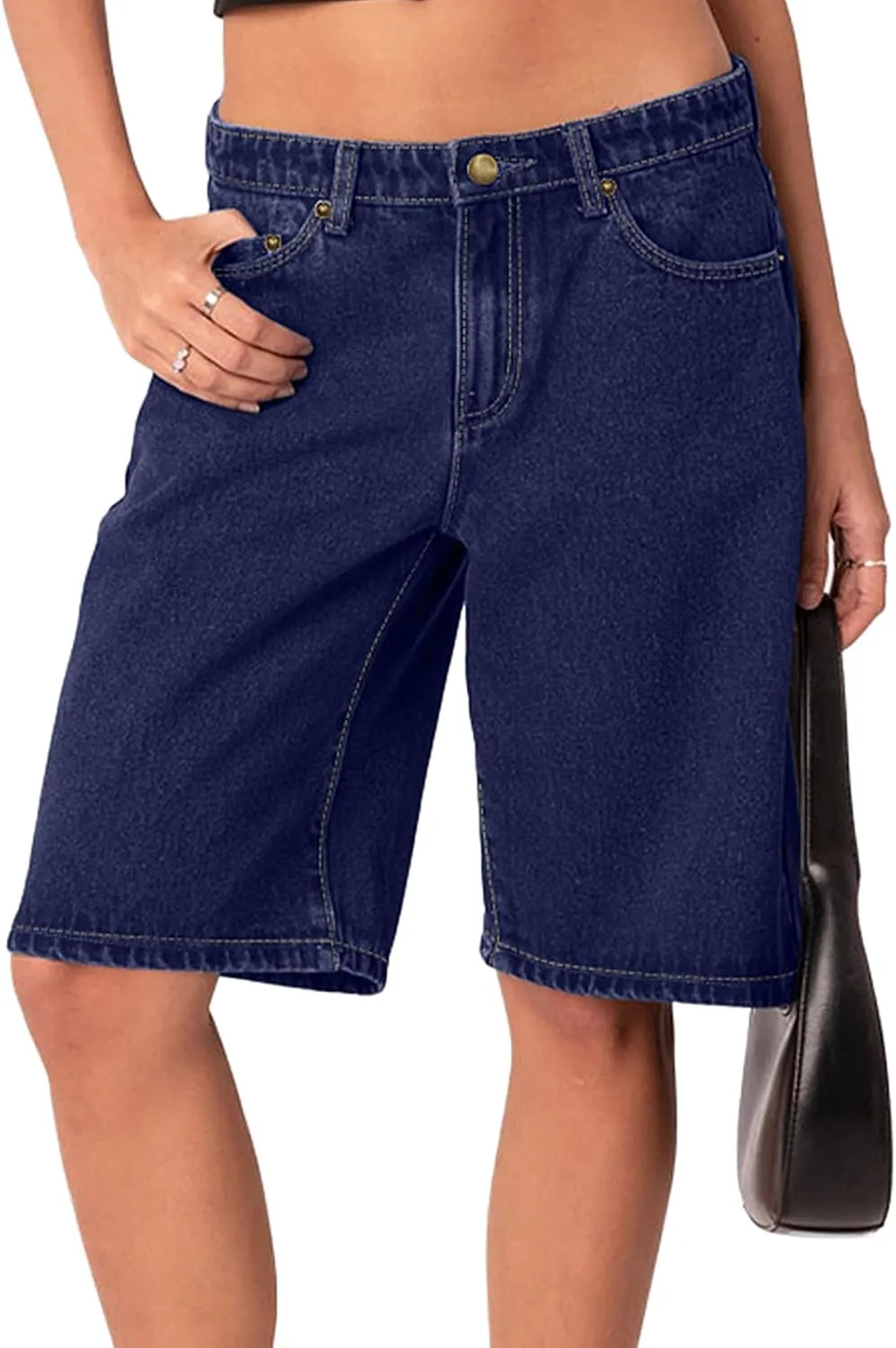 NIMIN Bermuda Shorts for Women Mid Waisted Y2K Summer Casual Jeans Shorts Loose Fit Jorts Knee Length Denim Shorts