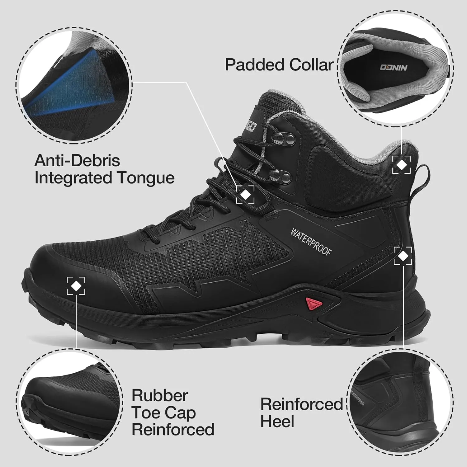 NINGO Men's Hiking Boots Waterproof Hiking Shoes Trail Shoes Lightweight Trekking Boots Comfortable Breathable Outdoor Boot Mid Ankle Boot for Camping, Backpacking, Mountain Trails