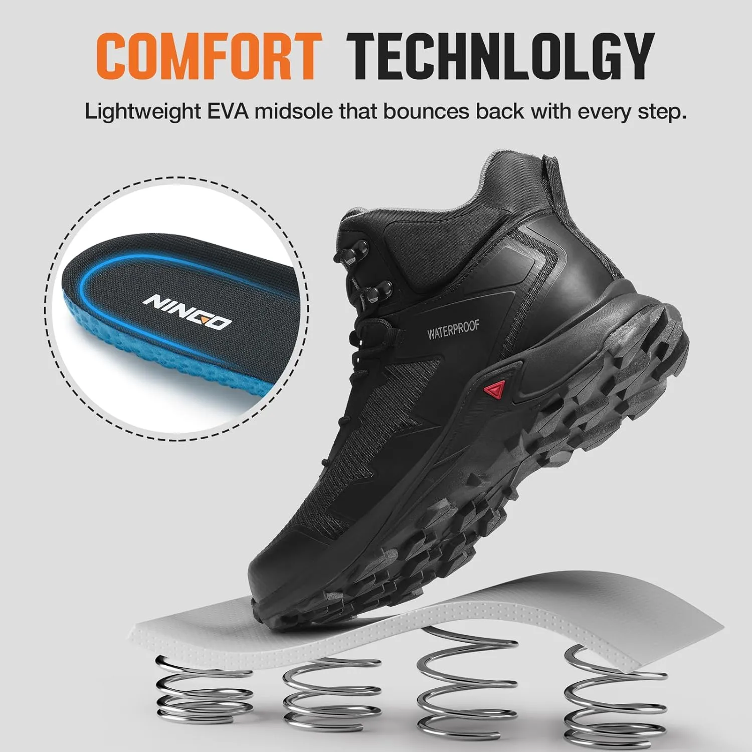 NINGO Men's Hiking Boots Waterproof Hiking Shoes Trail Shoes Lightweight Trekking Boots Comfortable Breathable Outdoor Boot Mid Ankle Boot for Camping, Backpacking, Mountain Trails