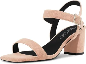 NobleOnly Women Mid Chunky Block Heel Ankle Strap Buckle Sandals Office Casual Clear Basic Classic Shoes 2.6 Inches Heels