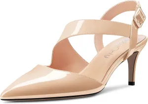 NobleOnly Women Pointed Toe Mid Heel Sandals Ankle Strap Buckle Prom Casual Dress Basic Classic Shoes 2.6 Inches Heels