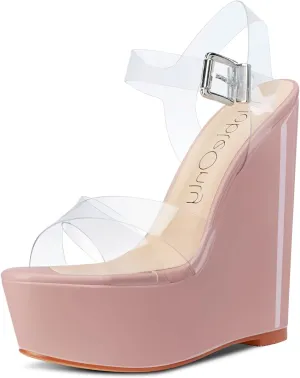 NobleOnly Women's Wedge High Heels Platform Ankle Strap Sandals Open Toe Slingback Basic Office Sandal 6" Heel Shoes