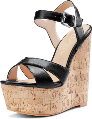 NobleOnly Women's Wedge High Heels Platform Ankle Strap Sandals Open Toe Slingback Basic Office Sandal 6" Heel Shoes