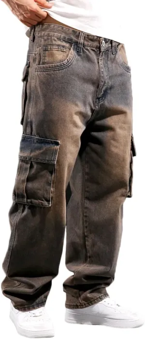 Nutriangee Men's Casual Cargo Workwear Jeans Loose Fit Straight Leg Hip Hop Denim Jeans with Multi-Pockets