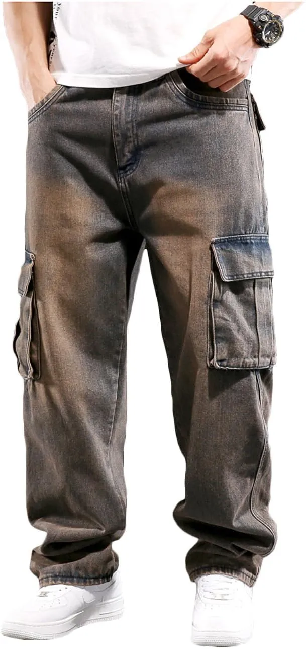 Nutriangee Men's Casual Cargo Workwear Jeans Loose Fit Straight Leg Hip Hop Denim Jeans with Multi-Pockets