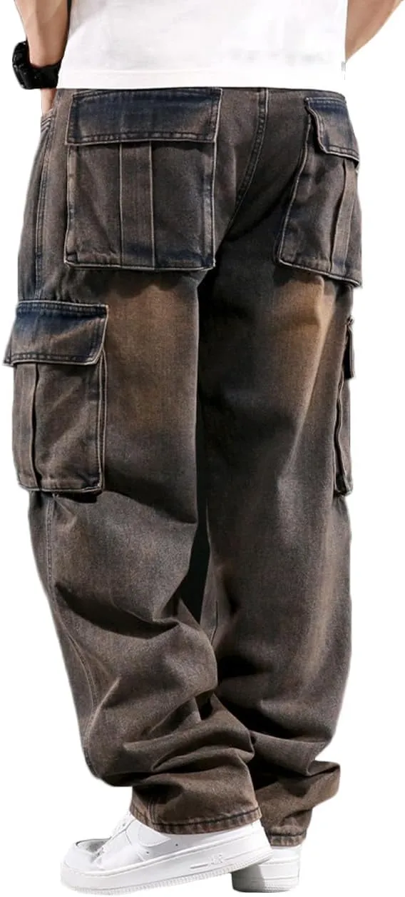 Nutriangee Men's Casual Cargo Workwear Jeans Loose Fit Straight Leg Hip Hop Denim Jeans with Multi-Pockets