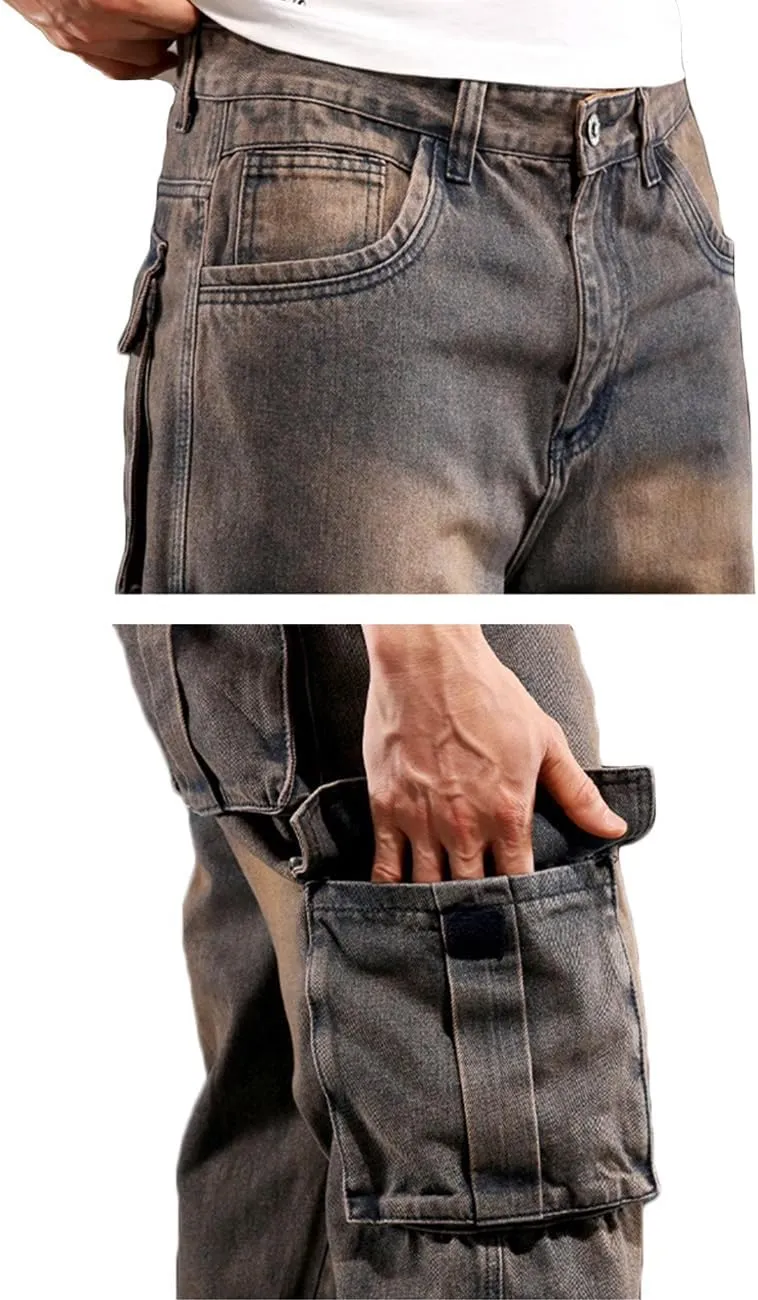 Nutriangee Men's Casual Cargo Workwear Jeans Loose Fit Straight Leg Hip Hop Denim Jeans with Multi-Pockets