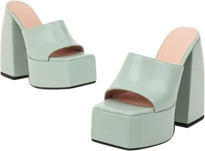 oiangi Platform Sandals Women Chunky Heel Summer Fashion Square Toe Peep Toe Slip On High Heel Shoes Solid Casual Comfortable Block Heel Slipper
