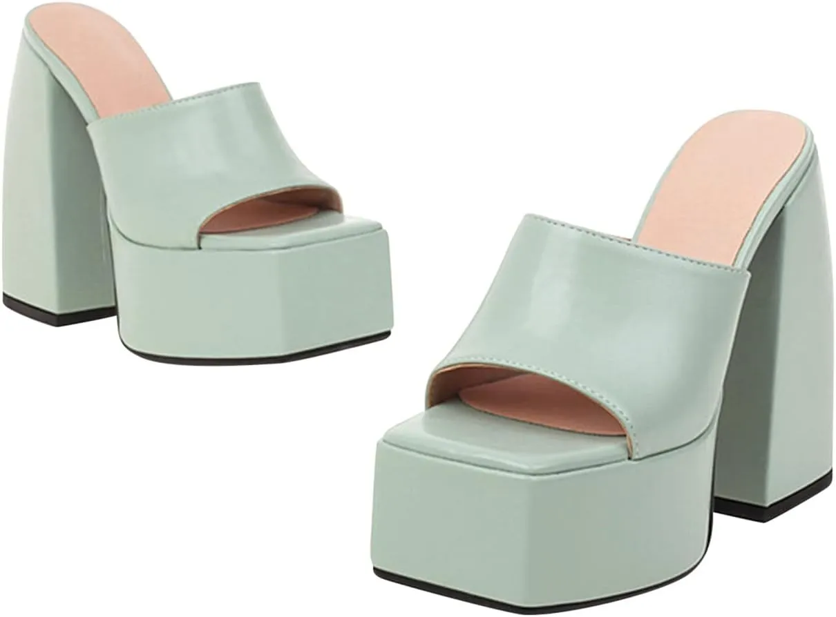 oiangi Platform Sandals Women Chunky Heel Summer Fashion Square Toe Peep Toe Slip On High Heel Shoes Solid Casual Comfortable Block Heel Slipper