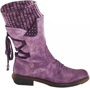 oiangi Womens Mid-calf Snow Boots Fashion Back Strap Woolen Yarn Elastic Round Toe Square Heel Slip-On Boots Winter Outdoor Warm Casual Shoes