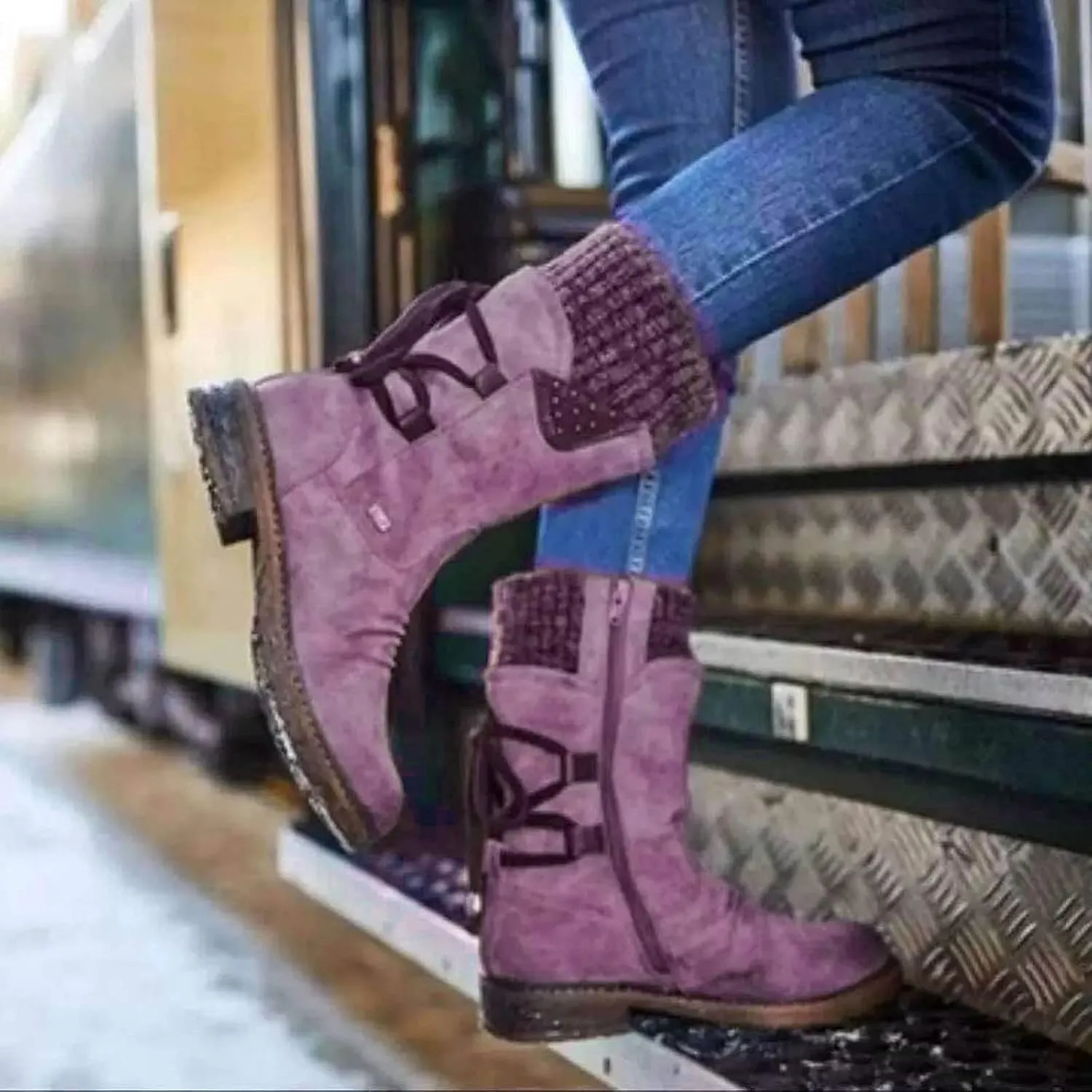 oiangi Womens Mid-calf Snow Boots Fashion Back Strap Woolen Yarn Elastic Round Toe Square Heel Slip-On Boots Winter Outdoor Warm Casual Shoes