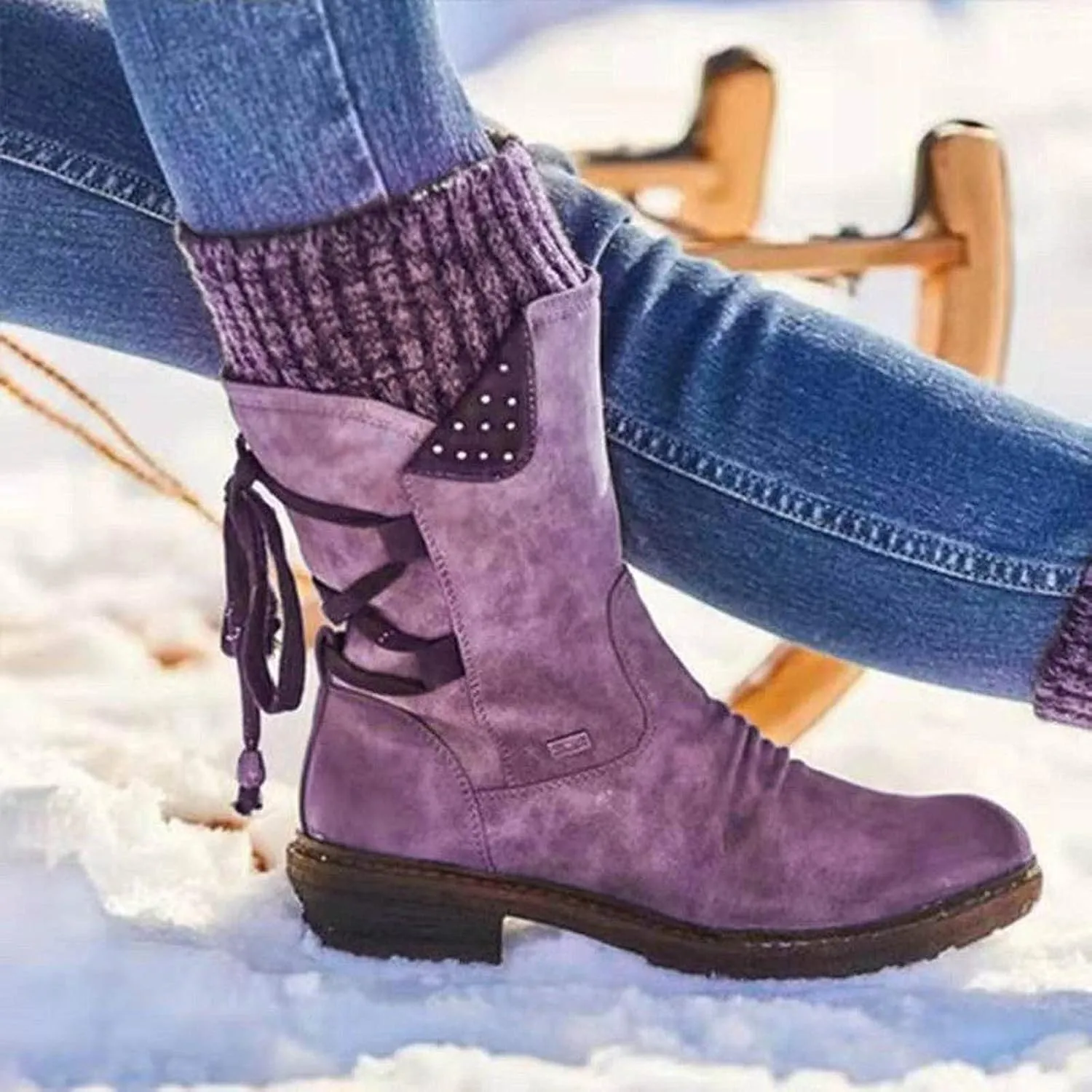 oiangi Womens Mid-calf Snow Boots Fashion Back Strap Woolen Yarn Elastic Round Toe Square Heel Slip-On Boots Winter Outdoor Warm Casual Shoes