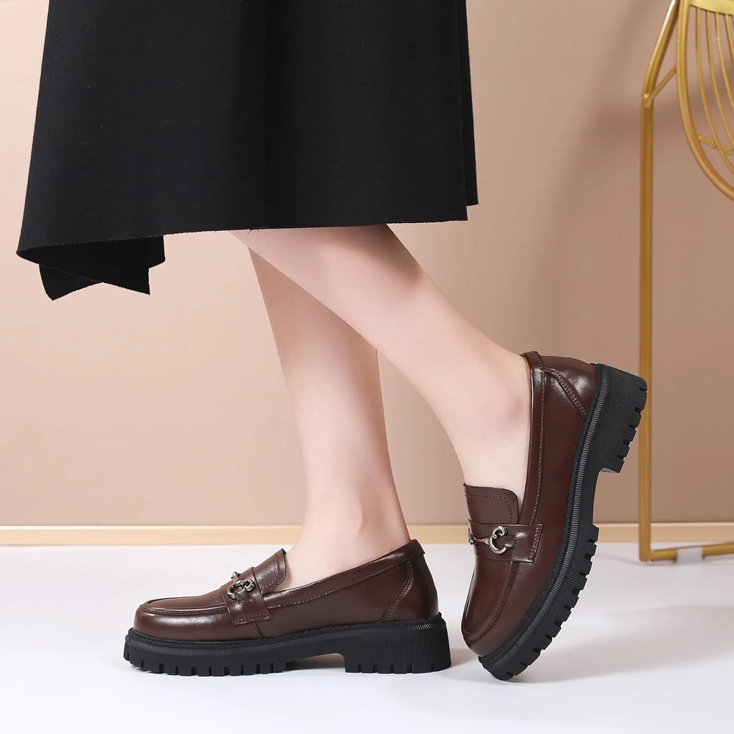 OKJ Black Loafers for Women Chunky Women's Loafers & Slip-ons Penny Comfort Shoes Metal Chain Dressy Office Work Slip on Platform Loafers for Womens Ladies Shoes