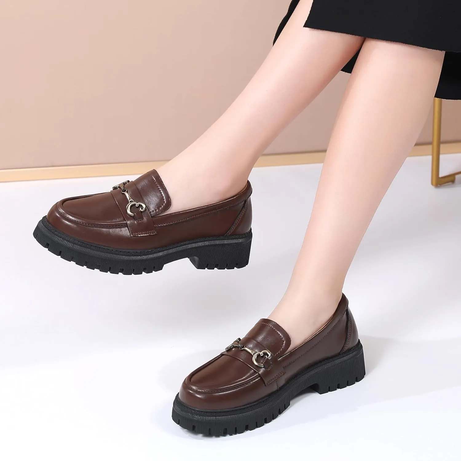 OKJ Black Loafers for Women Chunky Women's Loafers & Slip-ons Penny Comfort Shoes Metal Chain Dressy Office Work Slip on Platform Loafers for Womens Ladies Shoes