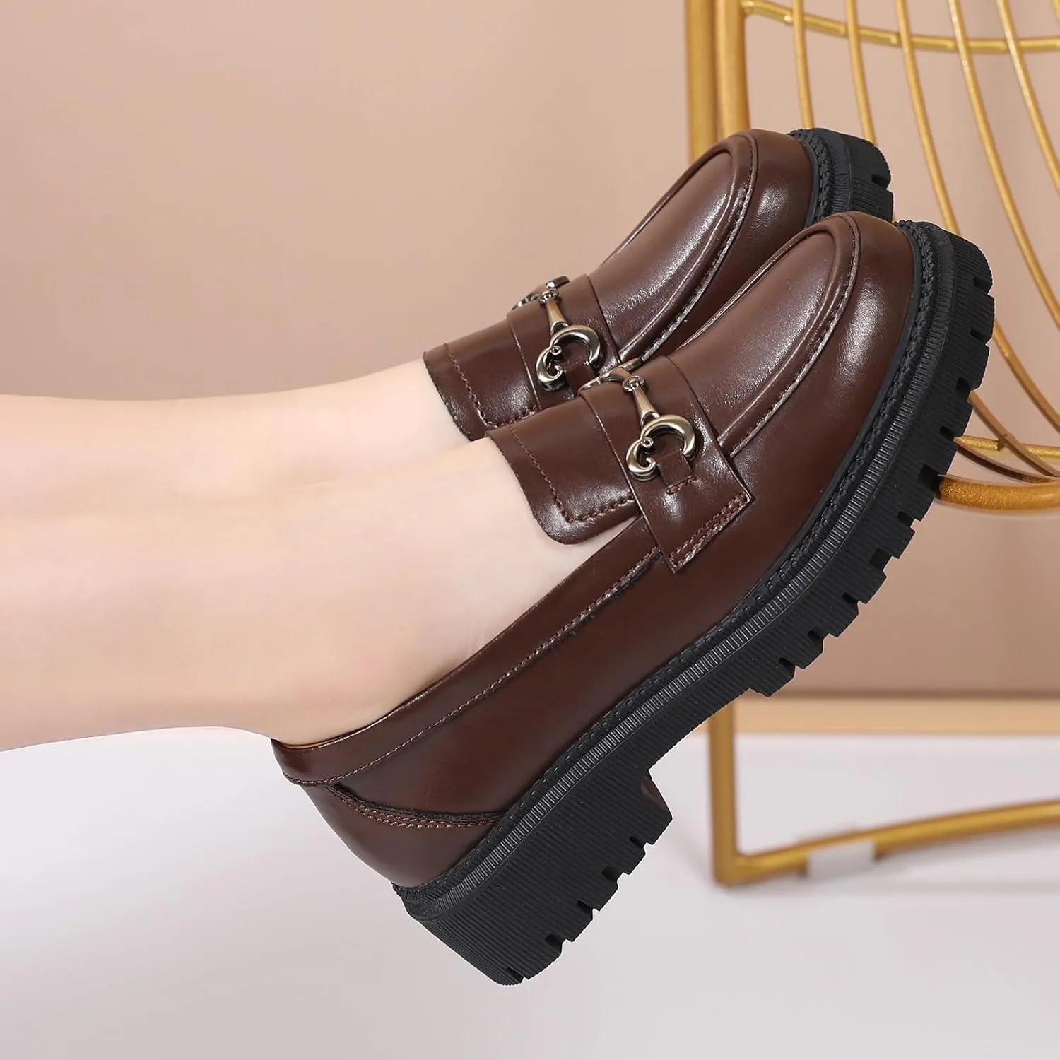OKJ Black Loafers for Women Chunky Women's Loafers & Slip-ons Penny Comfort Shoes Metal Chain Dressy Office Work Slip on Platform Loafers for Womens Ladies Shoes