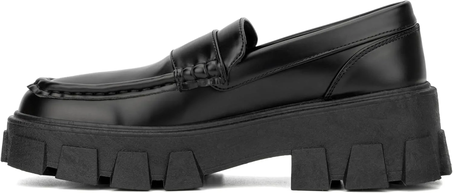 Olivia Miller Women's Fashion Shoes, Mikayla Vegan PU Leather Slip On Loafers, Lug Sole Chunky Platform Heel Round Toe Casual Classic Retro 90s Mocasines