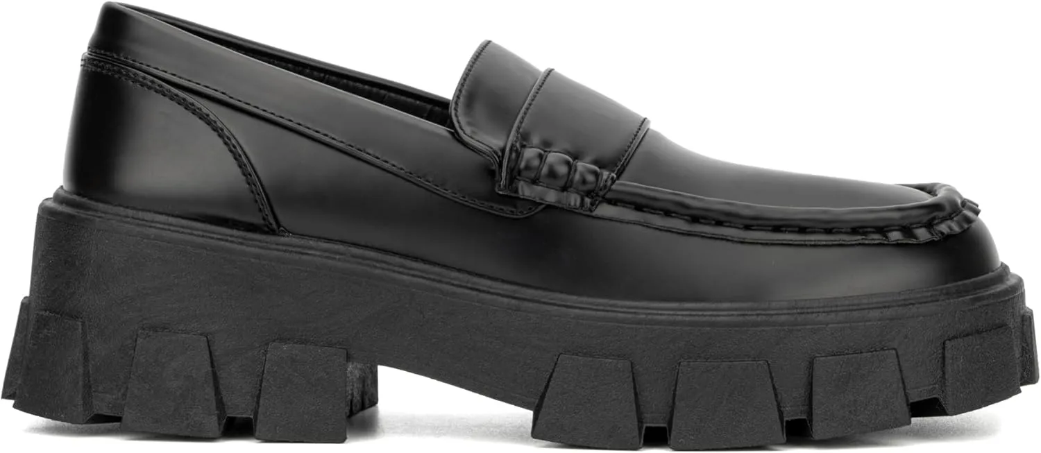 Olivia Miller Women's Fashion Shoes, Mikayla Vegan PU Leather Slip On Loafers, Lug Sole Chunky Platform Heel Round Toe Casual Classic Retro 90s Mocasines