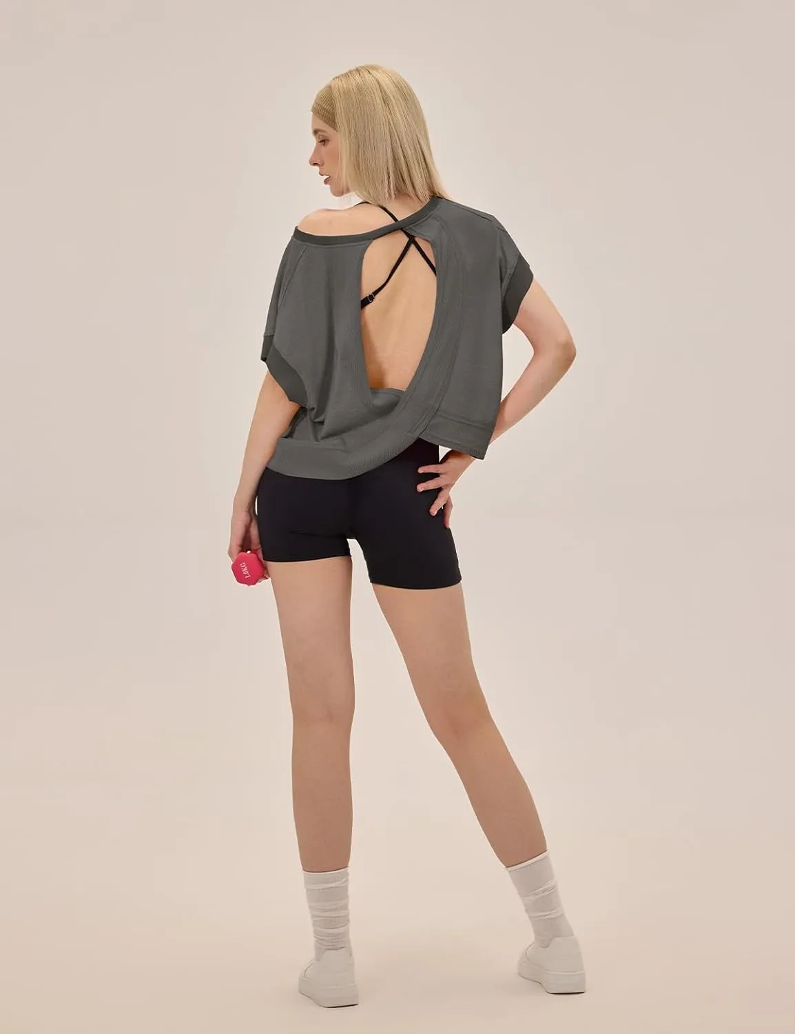 Open Back Workout Tops for Women Loose Fit Athletic Crop Tee Short Sleeve Gym Running Yoga Shirt