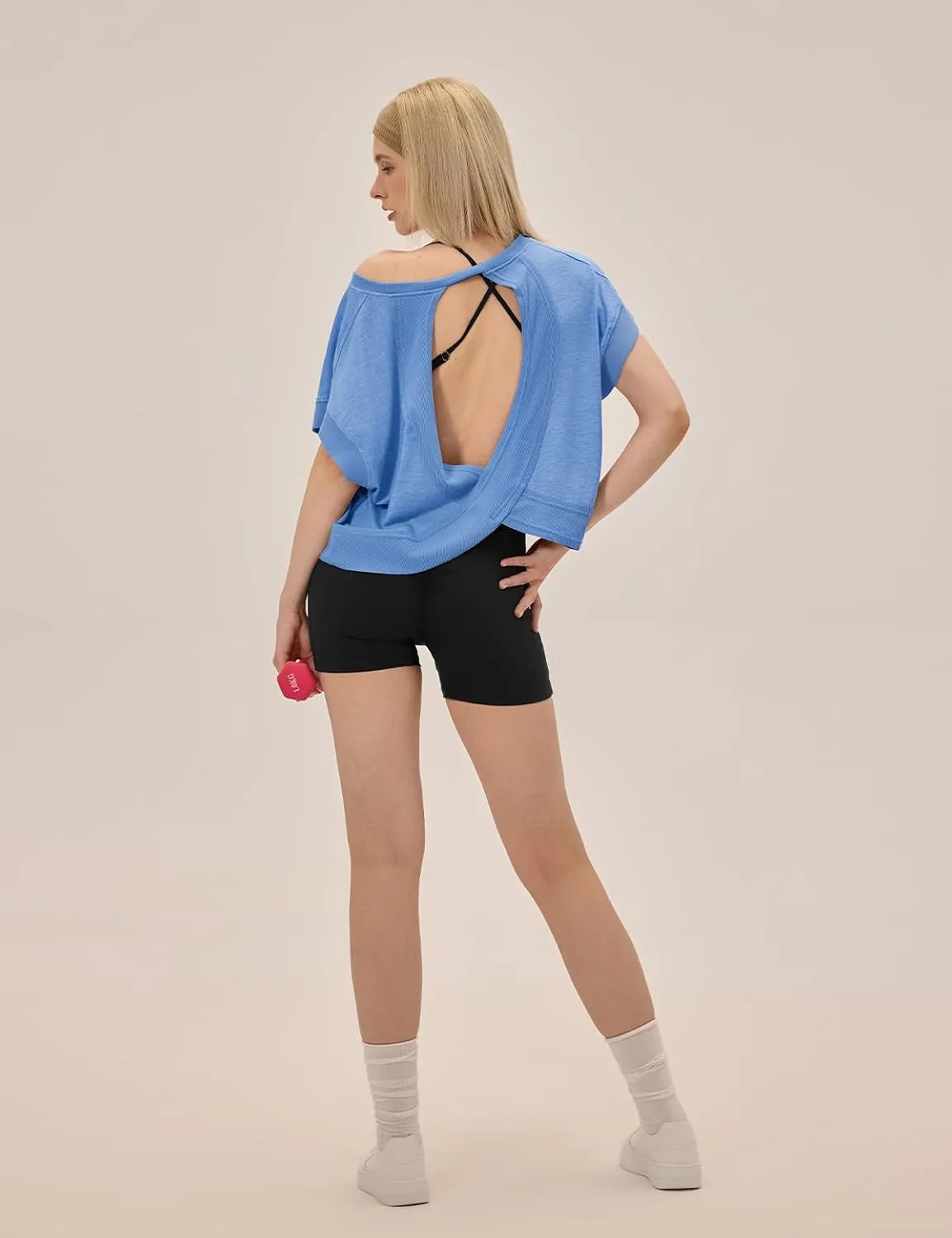 Open Back Workout Tops for Women Loose Fit Athletic Crop Tee Short Sleeve Gym Running Yoga Shirt