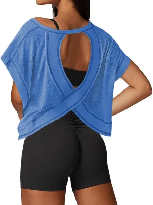 Open Back Workout Tops for Women Loose Fit Athletic Crop Tee Short Sleeve Gym Running Yoga Shirt