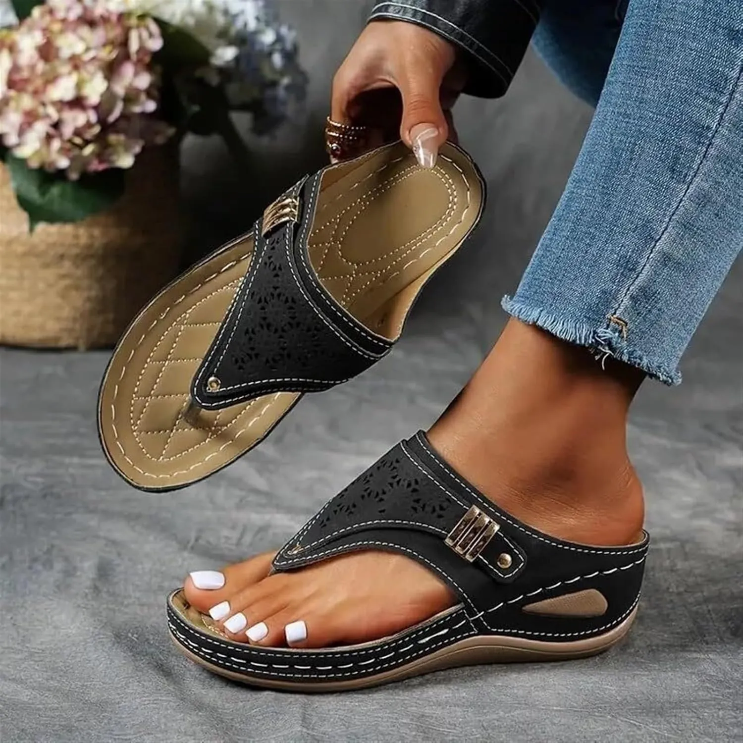 Orthopedic Wedge Flip Flops Women Summer Dressy Flat Open Toe Platform Sandals with Arch Support Silppers Comfortable Slip on Sandals Beach Sandals Dress Shoes Vacation Slippers