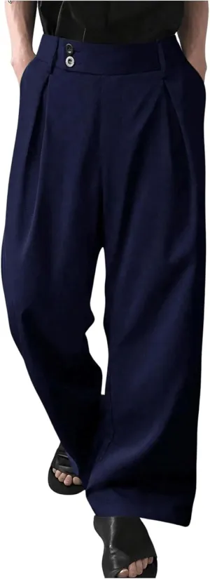 OYOANGLE Men's Pleated High Waist Wide Leg Pants Loose Fit Casual Pants with Pocket