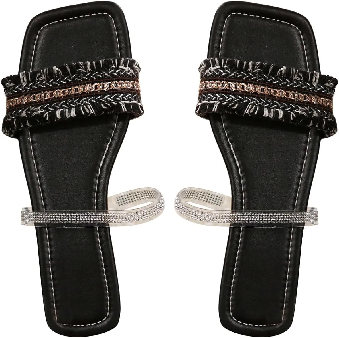 OYOANGLE Women's Fringe Square Toe Sandals Slide On Flat Sandals Casual Beach Boho Shoes