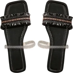 OYOANGLE Women's Fringe Square Toe Sandals Slide On Flat Sandals Casual Beach Boho Shoes