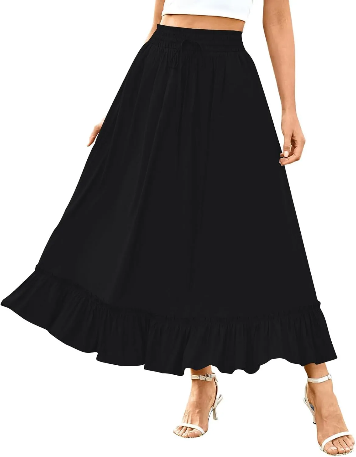 PBNBP High Waist Tiered Skirts for Women Ruffle Flowy Midi Skirts with Pockets 2025 Fashion Trendy Pleated Beach Cover Ups