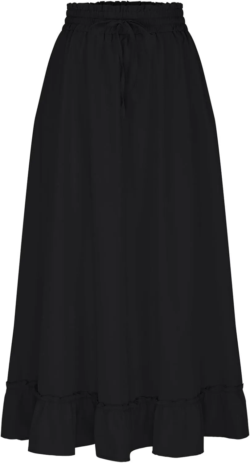 PBNBP High Waist Tiered Skirts for Women Ruffle Flowy Midi Skirts with Pockets 2025 Fashion Trendy Pleated Beach Cover Ups