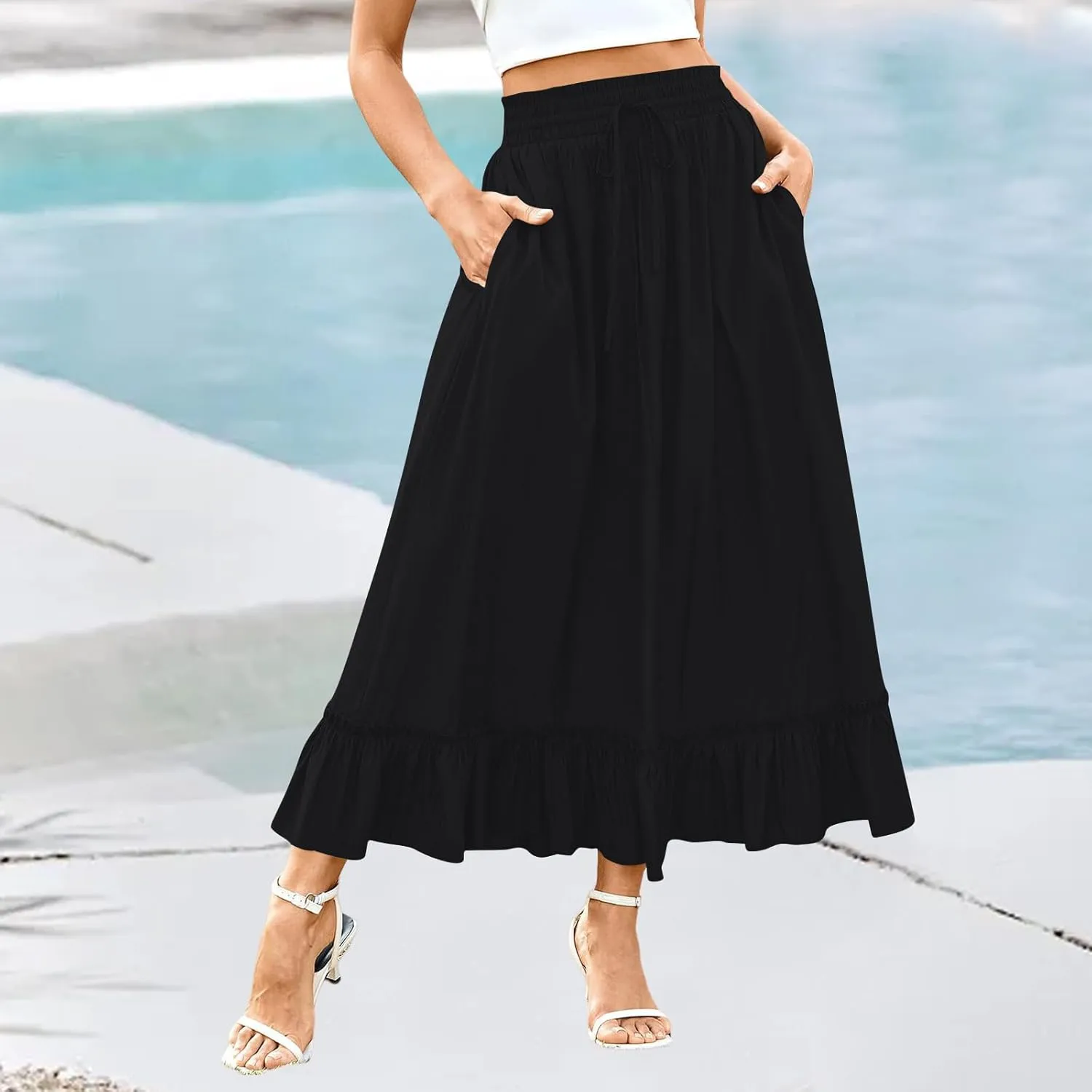 PBNBP High Waist Tiered Skirts for Women Ruffle Flowy Midi Skirts with Pockets 2025 Fashion Trendy Pleated Beach Cover Ups
