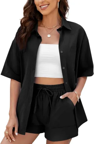 PEHMEA Women's 2 Piece Outfits Summer Cotton Linen Button Down Shirt Top High Waisted Shorts Set Tracksuit