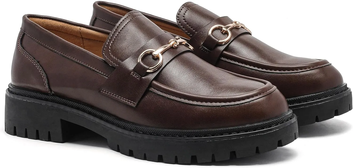 Platform Chunky Lug Sole Loafers for Women Slip On Faux Leather