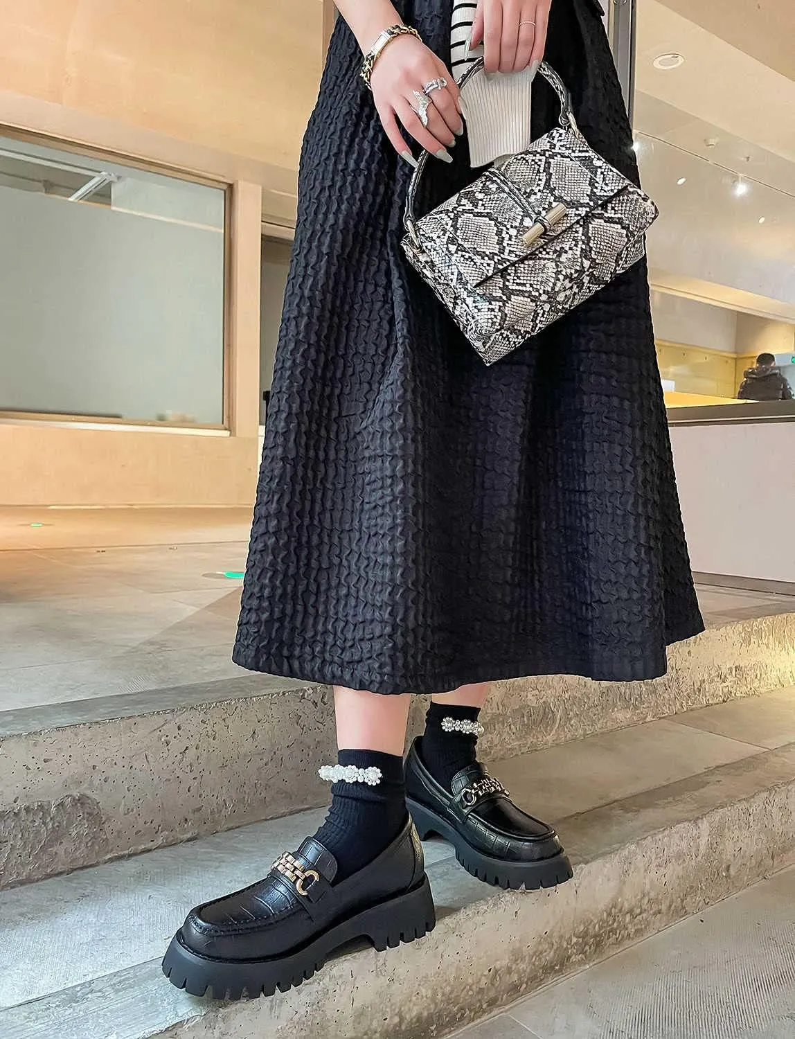 Platform Loafers for Women Leather, Slip On Chunky Mid Heel Shoes