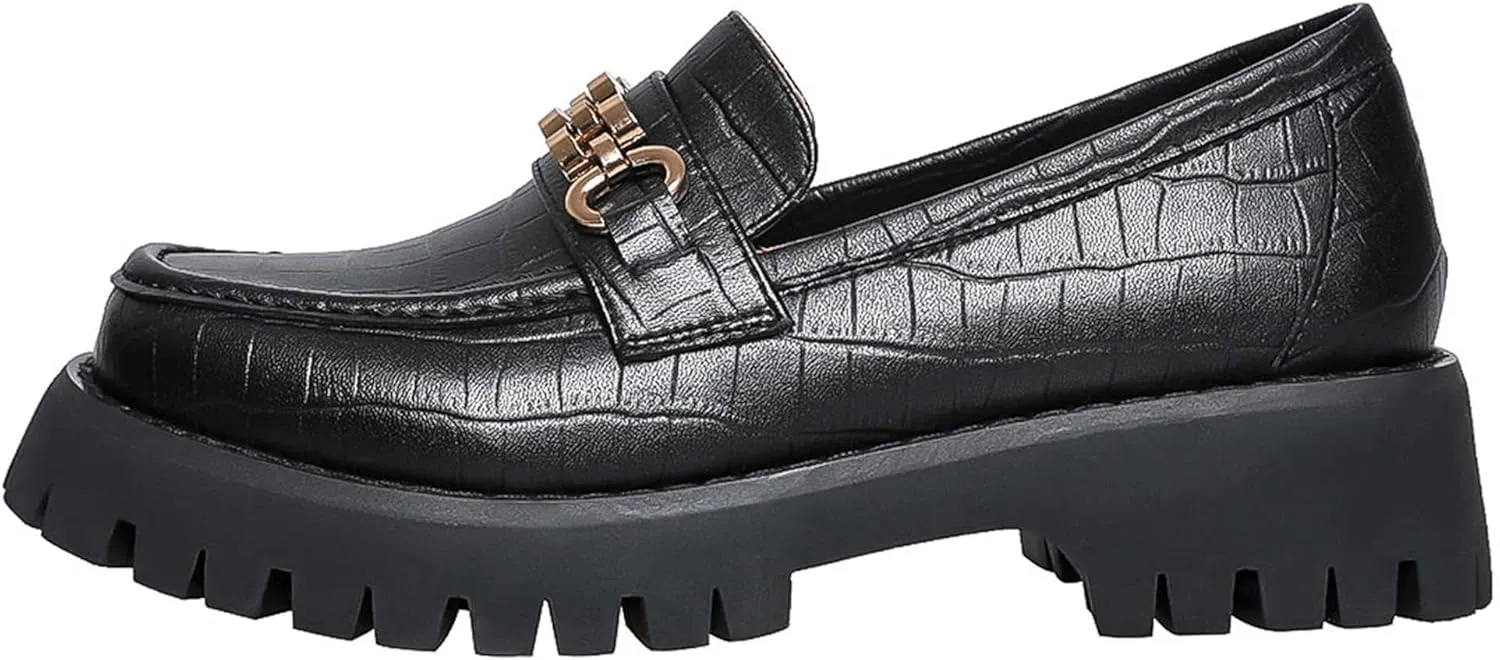 Platform Loafers for Women Leather, Slip On Chunky Mid Heel Shoes