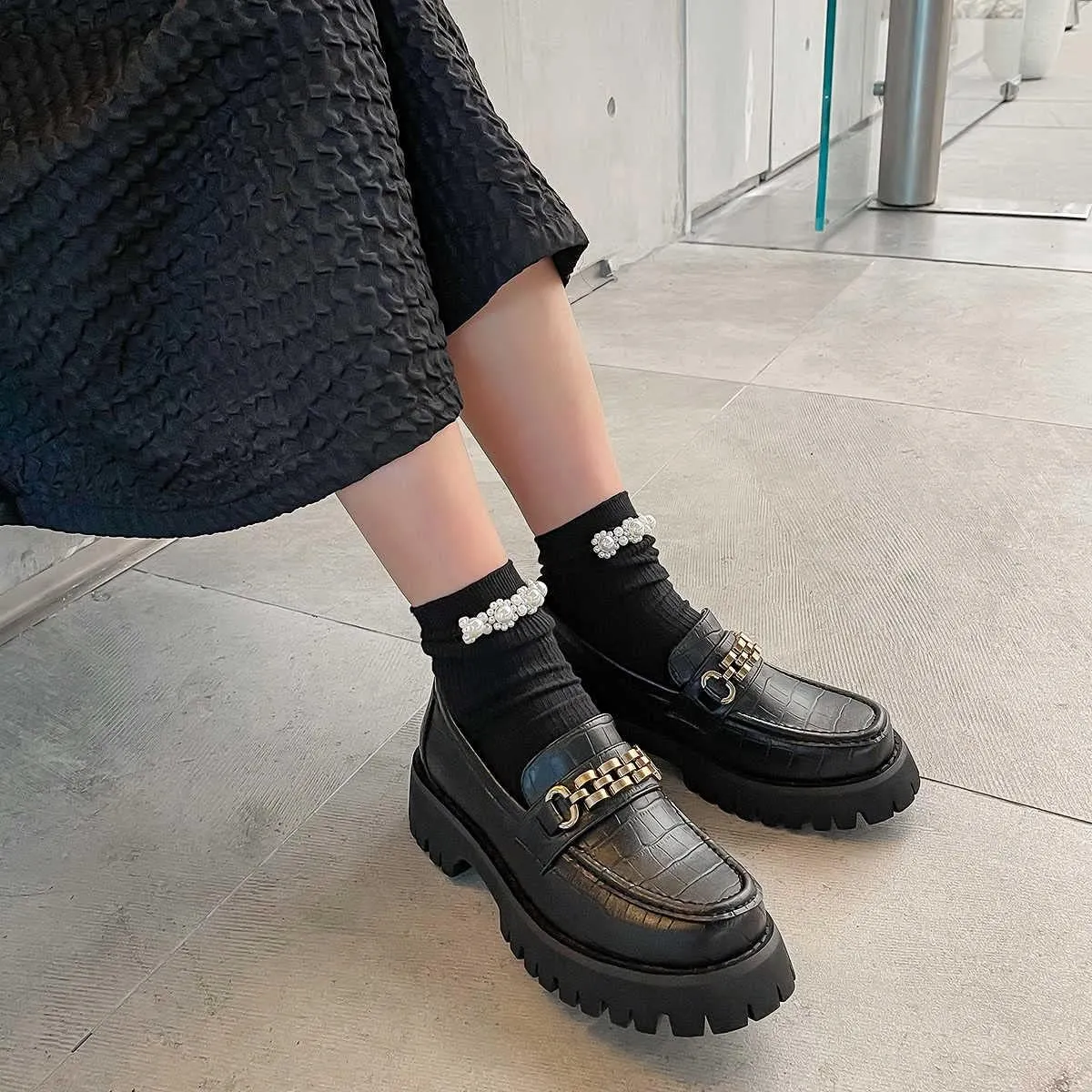 Platform Loafers for Women Leather, Slip On Chunky Mid Heel Shoes
