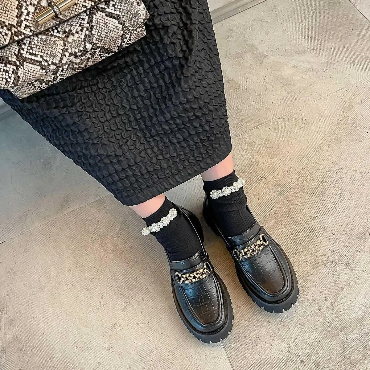 Platform Loafers for Women Leather, Slip On Chunky Mid Heel Shoes
