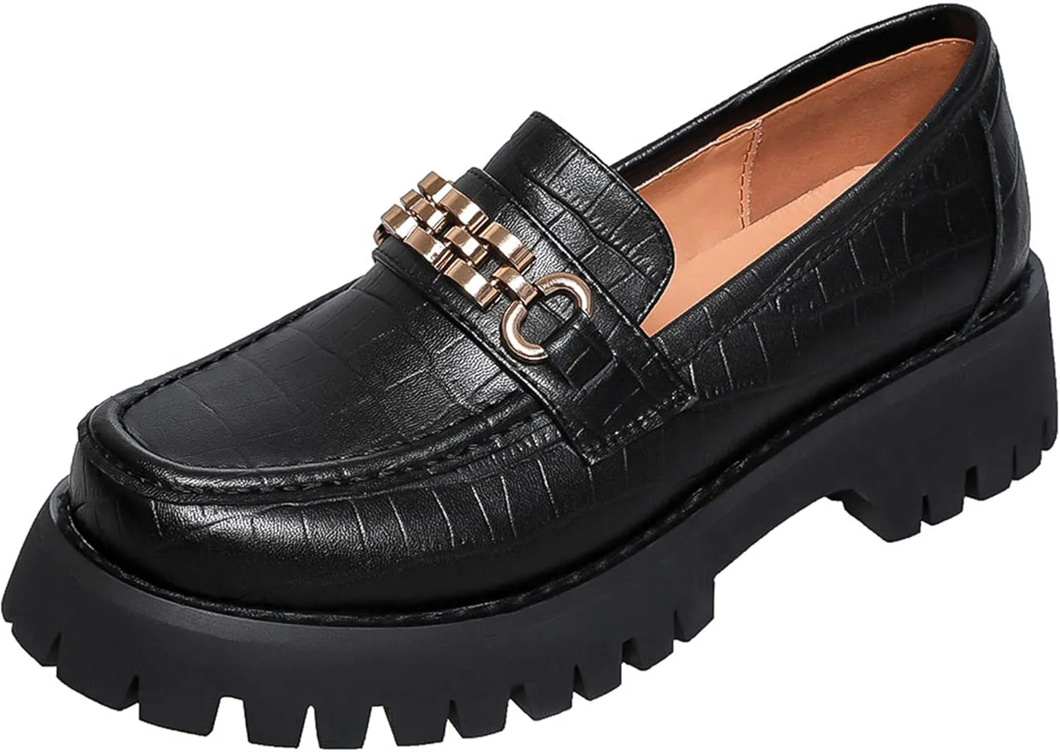 Platform Loafers for Women Leather, Slip On Chunky Mid Heel Shoes