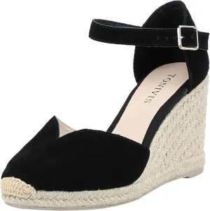 Platform Wedges Sandals for Women, 3" Wedge, Ankle-Strap, Cap Toe, Summer Espadrilles Heel Shoes