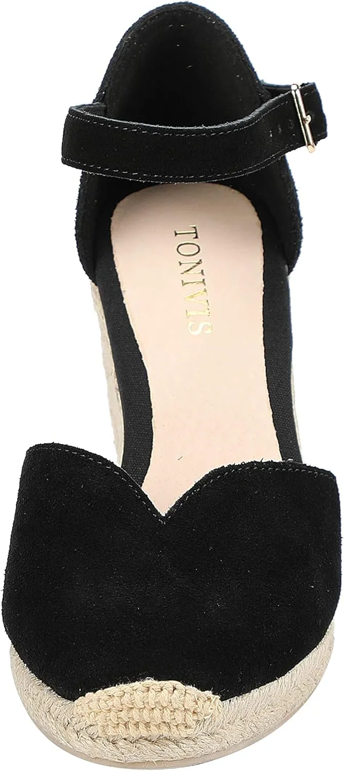 Platform Wedges Sandals for Women, 3" Wedge, Ankle-Strap, Cap Toe, Summer Espadrilles Heel Shoes