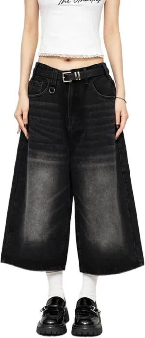 POHADON Women Y2k Baggy Jorts Vintage Wide Leg Long Jean Shorts Loose Fit Capri Denim Shorts Trendy Grunge Vintage Streetwear