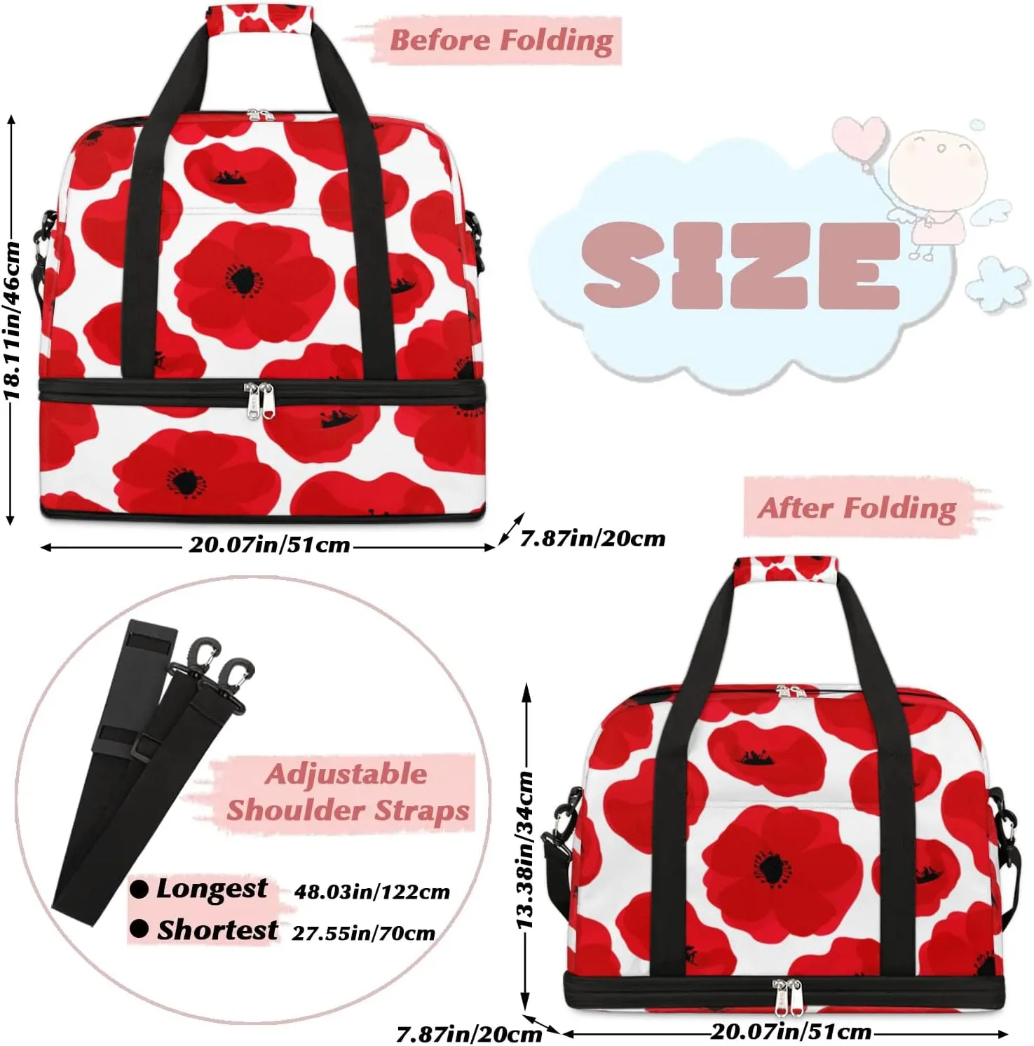 Poppy Petal Pattern Sports Gym Bag with Shoes Compartment Foldable Travel Duffel Bag Dry Wet Separated Sports Tote Workout Weekender Overnight Bag for Women Yoga Dance Work Training Handbag