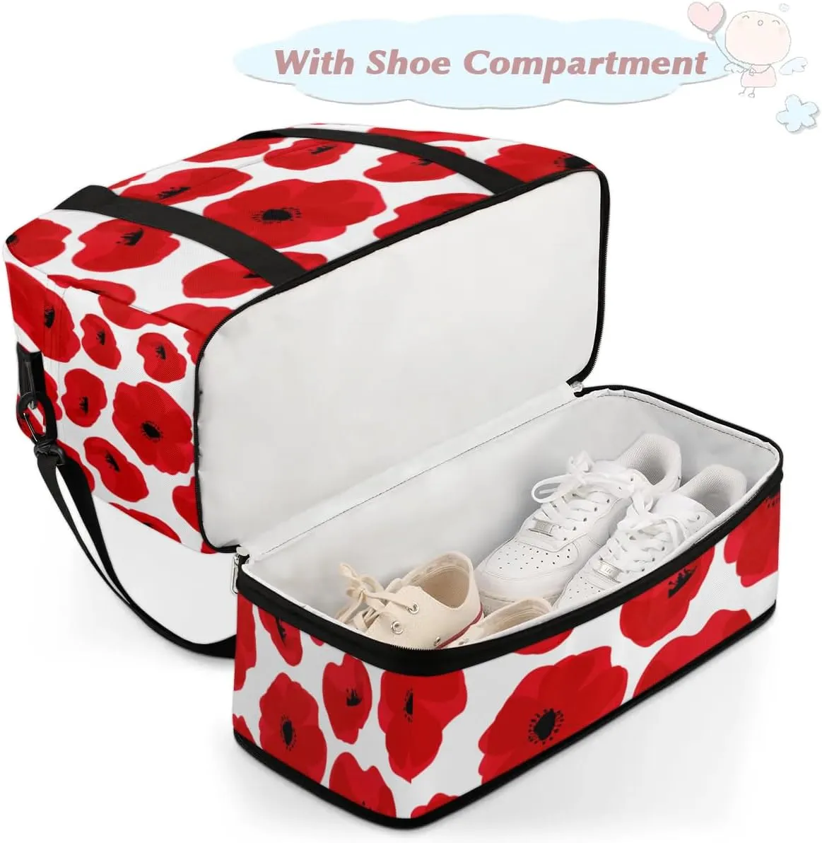 Poppy Petal Pattern Sports Gym Bag with Shoes Compartment Foldable Travel Duffel Bag Dry Wet Separated Sports Tote Workout Weekender Overnight Bag for Women Yoga Dance Work Training Handbag