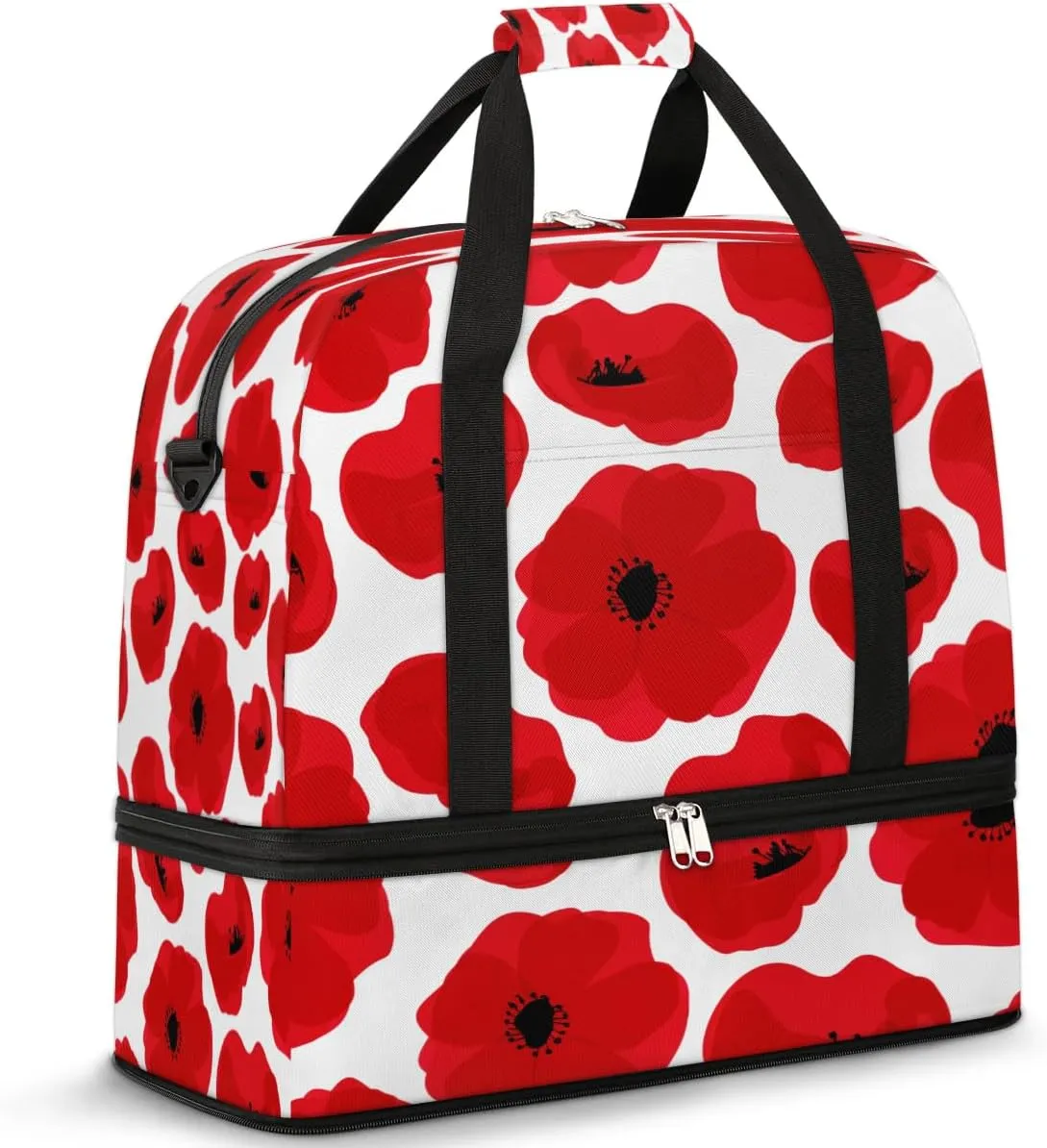 Poppy Petal Pattern Sports Gym Bag with Shoes Compartment Foldable Travel Duffel Bag Dry Wet Separated Sports Tote Workout Weekender Overnight Bag for Women Yoga Dance Work Training Handbag