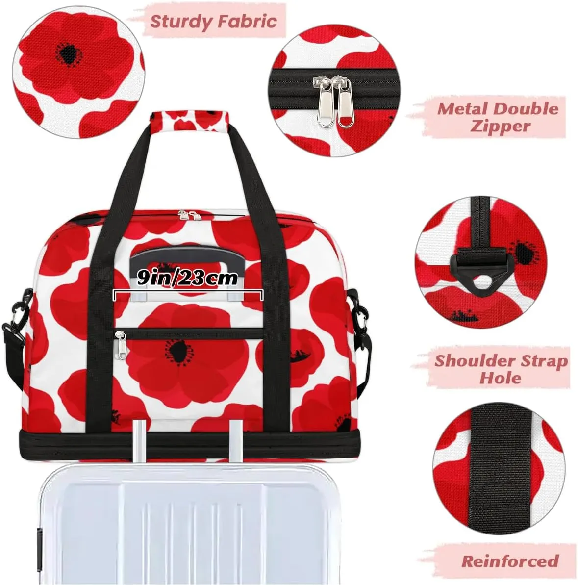 Poppy Petal Pattern Sports Gym Bag with Shoes Compartment Foldable Travel Duffel Bag Dry Wet Separated Sports Tote Workout Weekender Overnight Bag for Women Yoga Dance Work Training Handbag